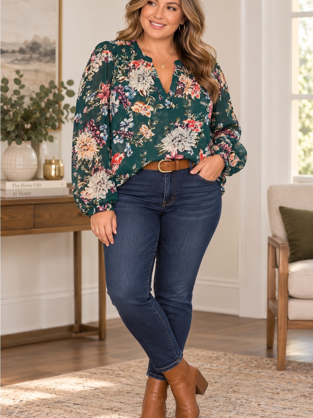 A New Day XXL Emerald Green Floral Sheer Blouse Long Sleeve